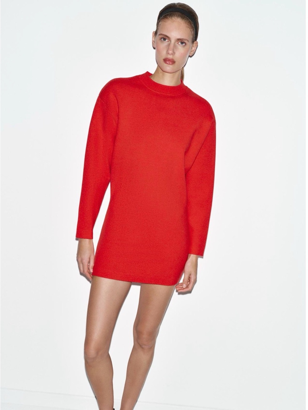 Zara Red Mock Neck Knit Sweater Dress